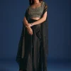 Black Cutdana Work Crop Top With Asymmetric Jacket And Skirt