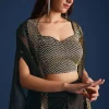 Black Cutdana Work Crop Top With Asymmetric Jacket And Skirt