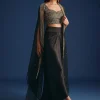 Black Cutdana Work Crop Top With Asymmetric Jacket And Skirt