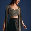 Black Cutdana Work Crop Top With Asymmetric Jacket And Skirt