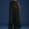 Black Cutdana Work Crop Top With Asymmetric Jacket And Skirt