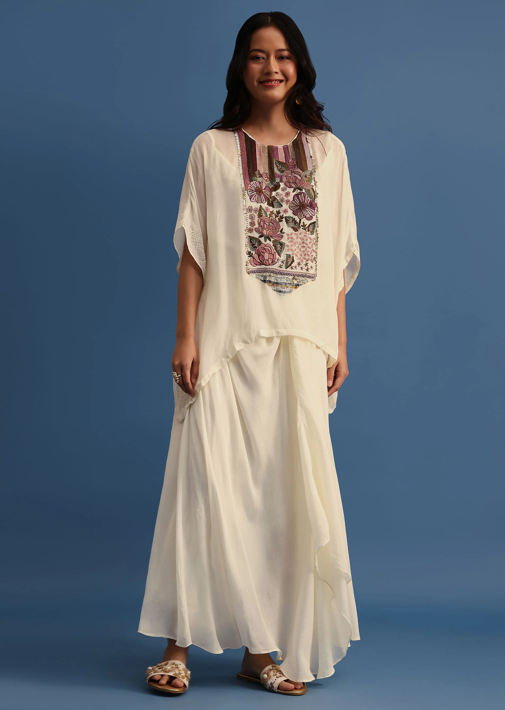 Ivory Georgette Skirt And Cape In Resham Work