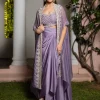 Lavendar Embroidered Crop Top And Sequin Work Jacket With Draped Skirt