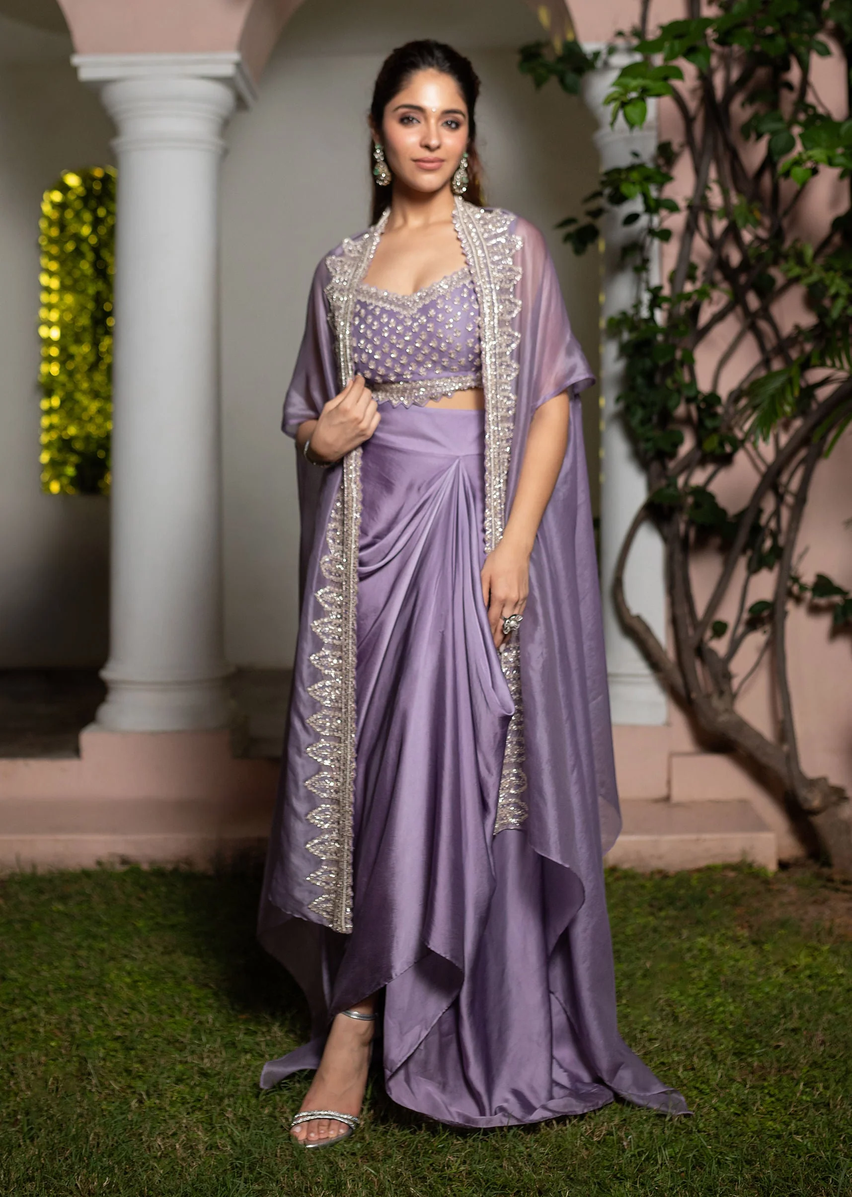 Lavendar Embroidered Crop Top And Sequin Work Jacket With Draped Skirt