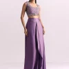 Lavendar Embroidered Crop Top And Sequin Work Jacket With Draped Skirt