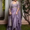 Lavendar Embroidered Crop Top And Sequin Work Jacket With Draped Skirt