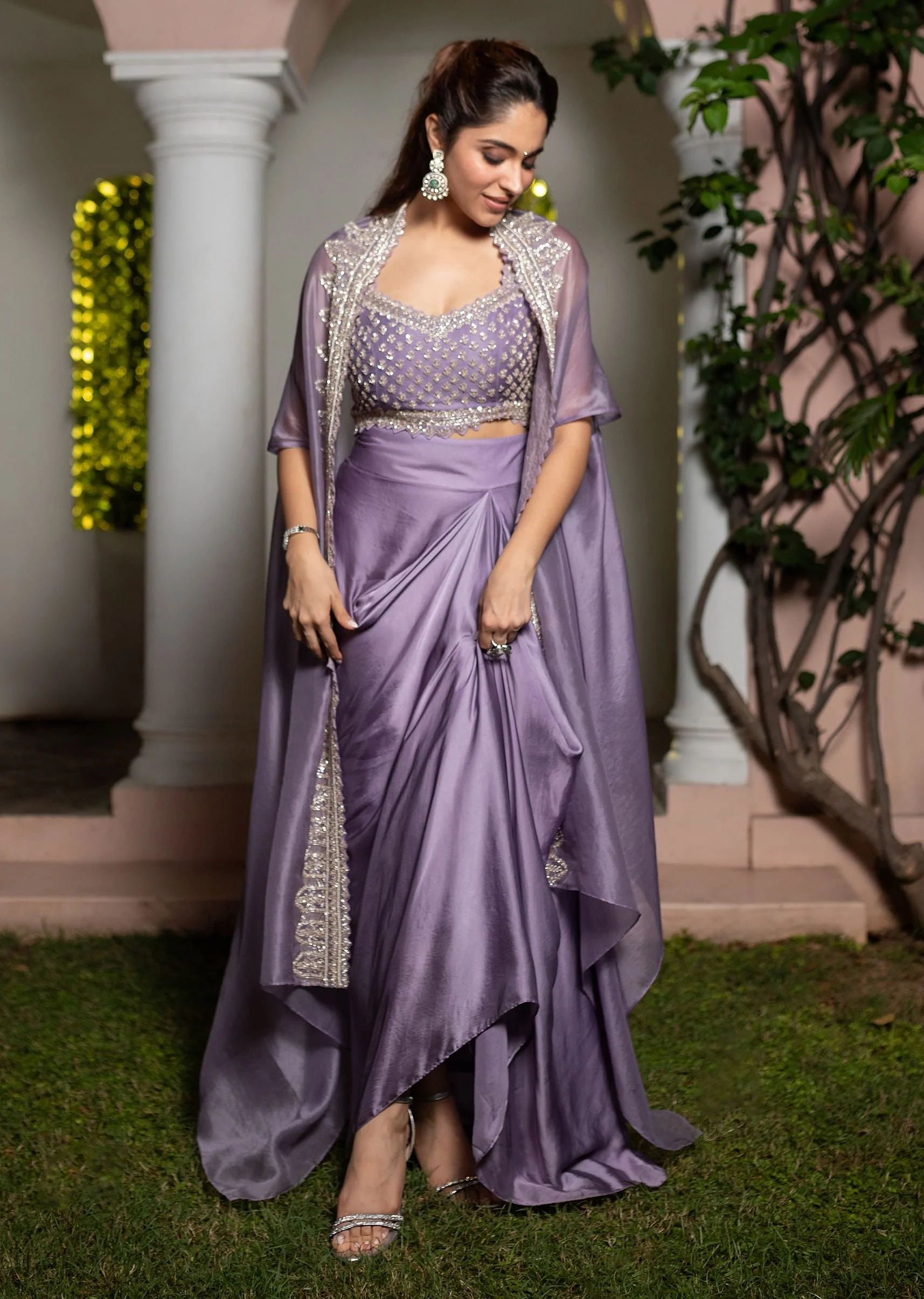 Lavendar Embroidered Crop Top And Sequin Work Jacket With Draped Skirt