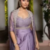 Lavendar Embroidered Crop Top And Sequin Work Jacket With Draped Skirt