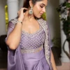 Lavendar Embroidered Crop Top And Sequin Work Jacket With Draped Skirt