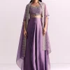Lavendar Embroidered Crop Top And Sequin Work Jacket With Draped Skirt