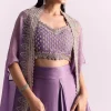 Lavendar Embroidered Crop Top And Sequin Work Jacket With Draped Skirt