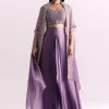 Lavendar Embroidered Crop Top And Sequin Work Jacket With Draped Skirt