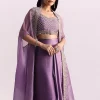 Lavendar Embroidered Crop Top And Sequin Work Jacket With Draped Skirt