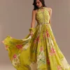 Lime Green Floral Printed Gown Set