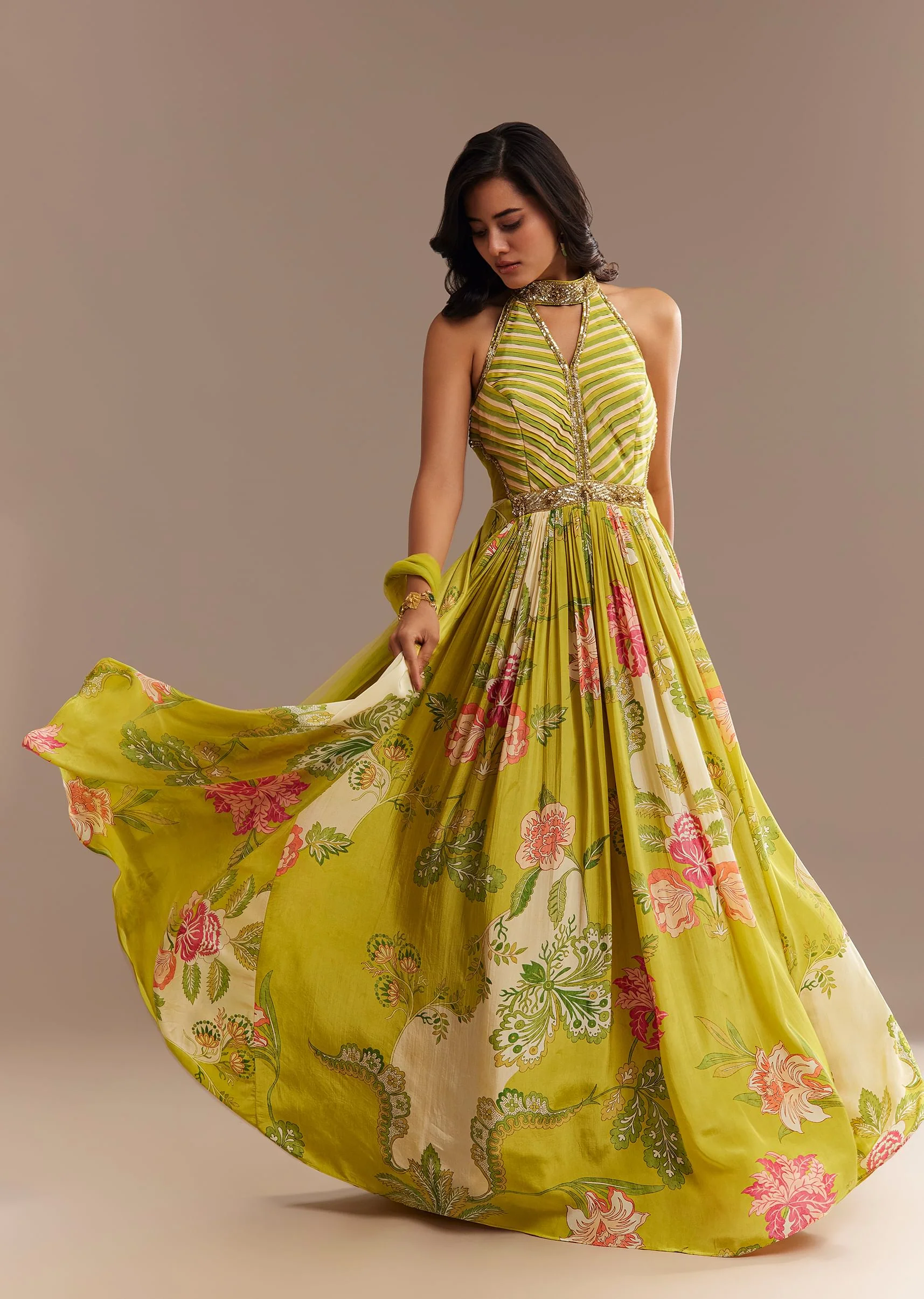 14007-lime-green-floral-printed-gown-set-1.webp Lime Green Floral Printed Gown Set