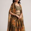 Brown Organza Floral Print Set With Zardosi And Sequins Work