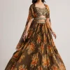 Brown Organza Floral Print Set With Zardosi And Sequins Work