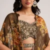 Brown Organza Floral Print Set With Zardosi And Sequins Work