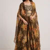 Brown Organza Floral Print Set With Zardosi And Sequins Work