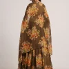 Brown Organza Floral Print Set With Zardosi And Sequins Work