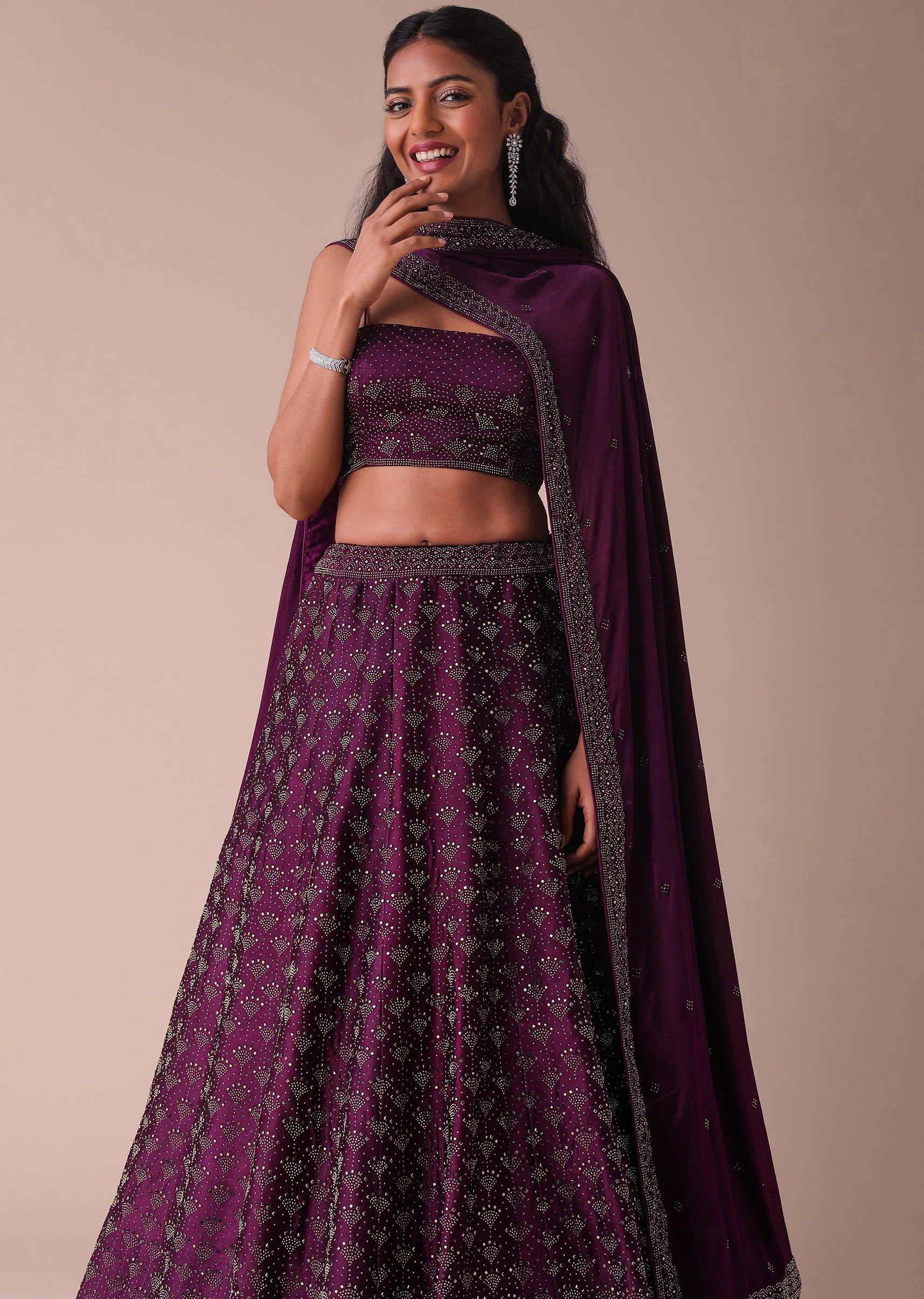 Mulberry Purple Wrinkle Satin Lehenga With Swarovski Crystals