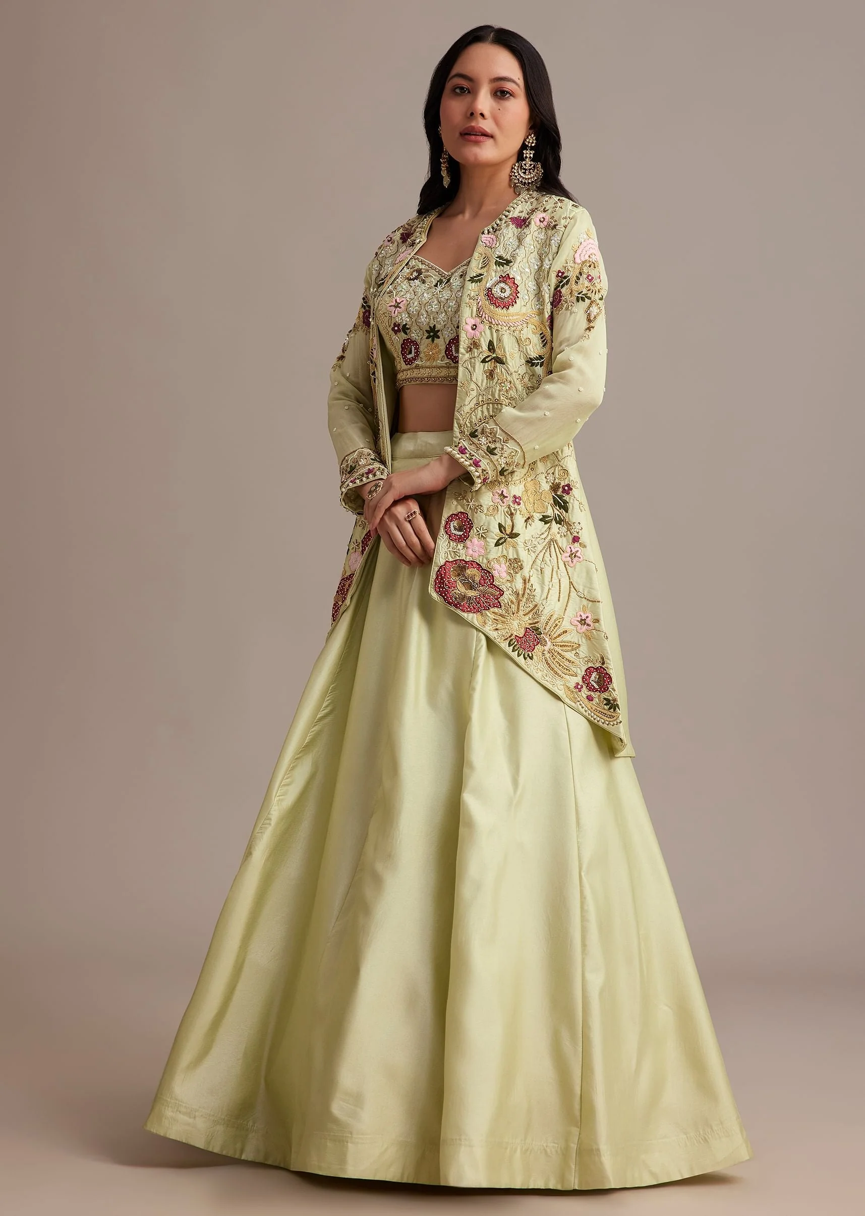 14056-light-green-silk-jacket-lehenga-set-with-thread-and-moti-work-1.webp Light Green Silk Jacket Lehenga Set With Thread And Moti Work