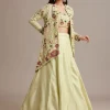 Light Green Silk Jacket Lehenga Set With Thread And Moti Work