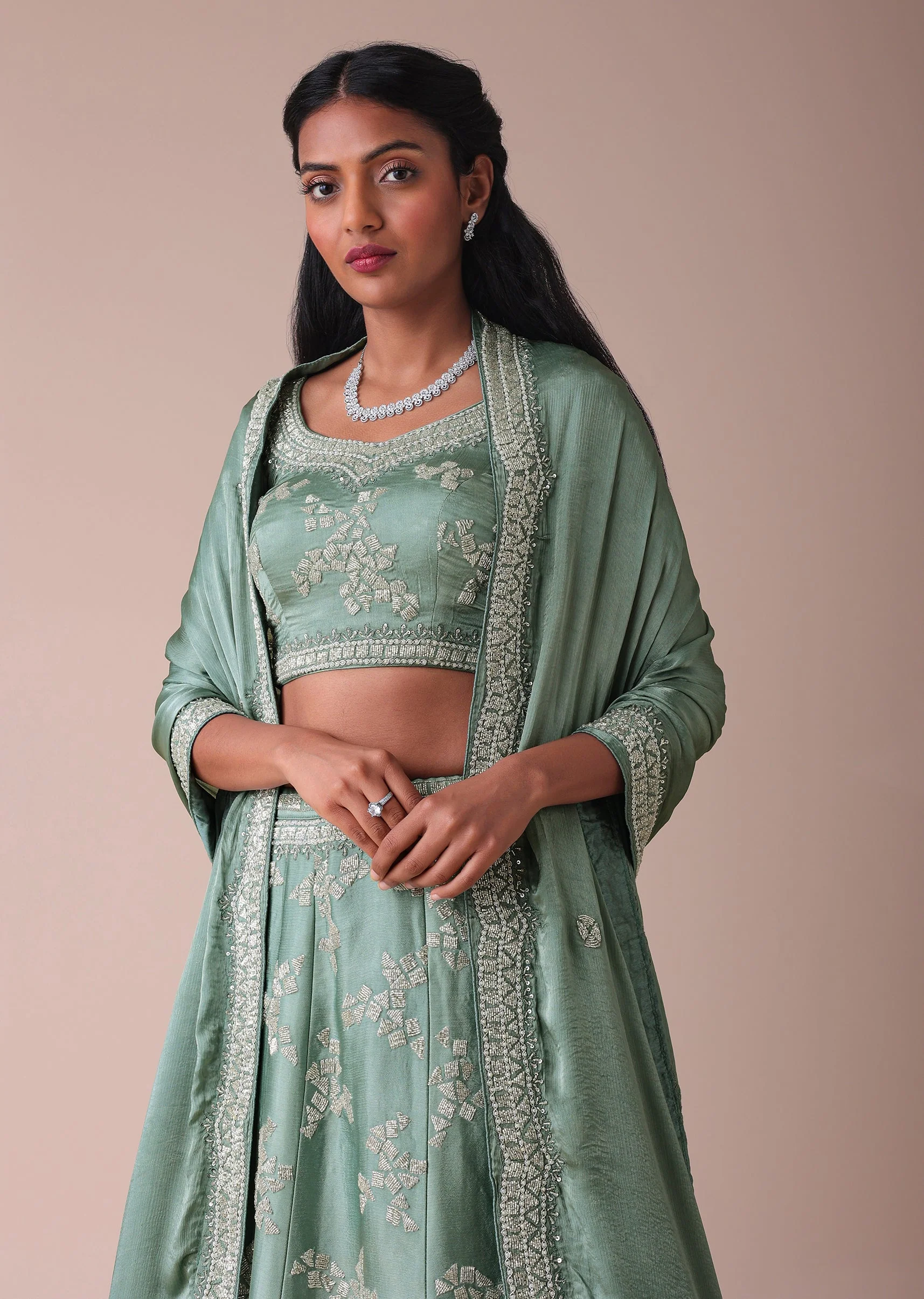 Pista Green Lehenga With Handwork Embroidery