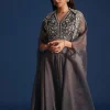 Dark Grey Asymmetric Organza Jacket With Crop Top And Draped Skirt