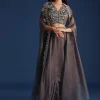 Dark Grey Asymmetric Organza Jacket With Crop Top And Draped Skirt