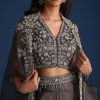 Dark Grey Asymmetric Organza Jacket With Crop Top And Draped Skirt