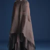 Dark Grey Asymmetric Organza Jacket With Crop Top And Draped Skirt