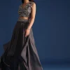 Dark Grey Asymmetric Organza Jacket With Crop Top And Draped Skirt