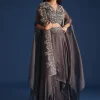 Dark Grey Asymmetric Organza Jacket With Crop Top And Draped Skirt