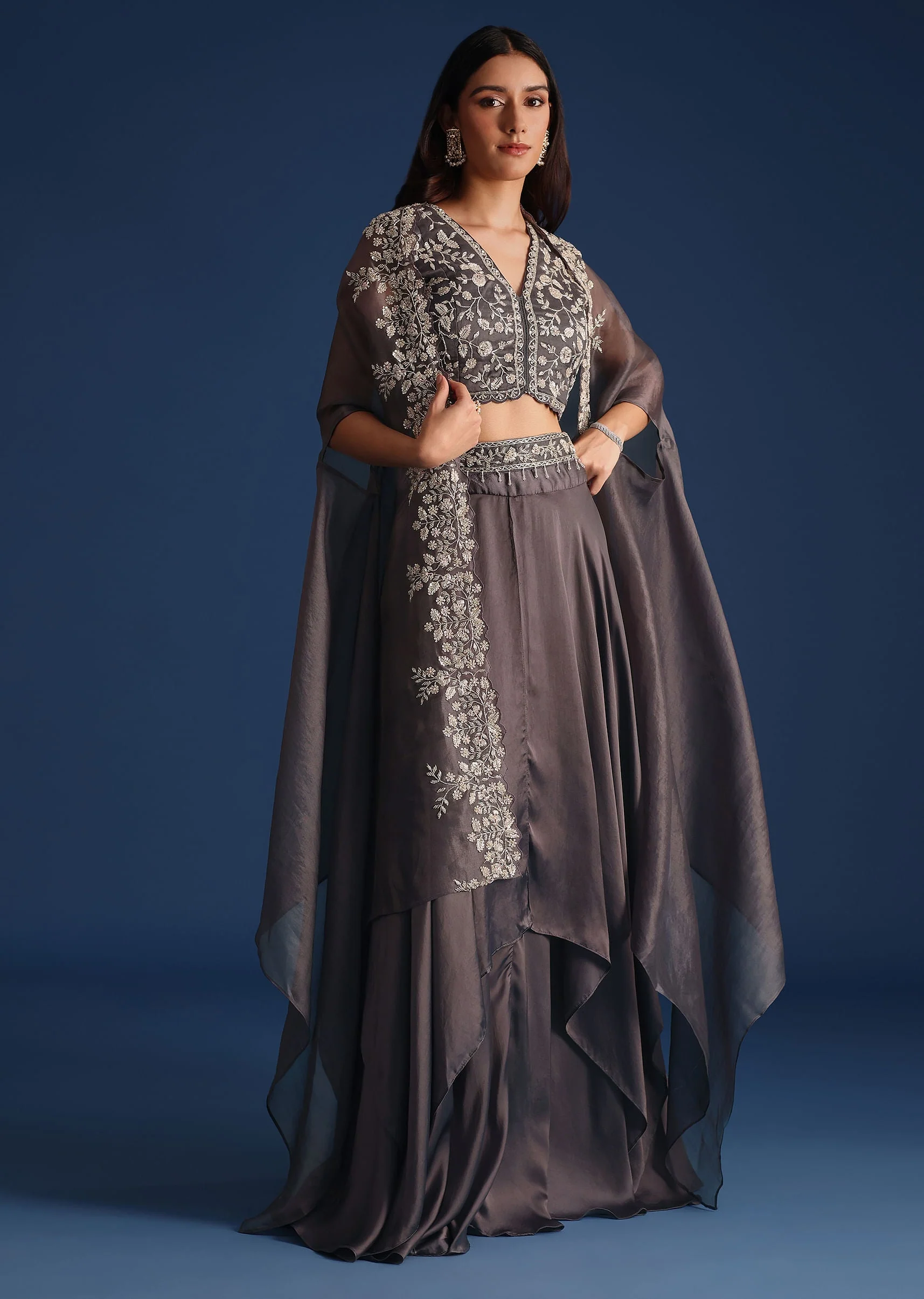 14098-us-0-us-0-variation-1.webp Dark Grey Asymmetric Organza Jacket With Crop Top And Draped Skirt