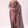 Red And Silver Striped Chanderi Tissue Saree With Pipe Finish Stitched Blouse