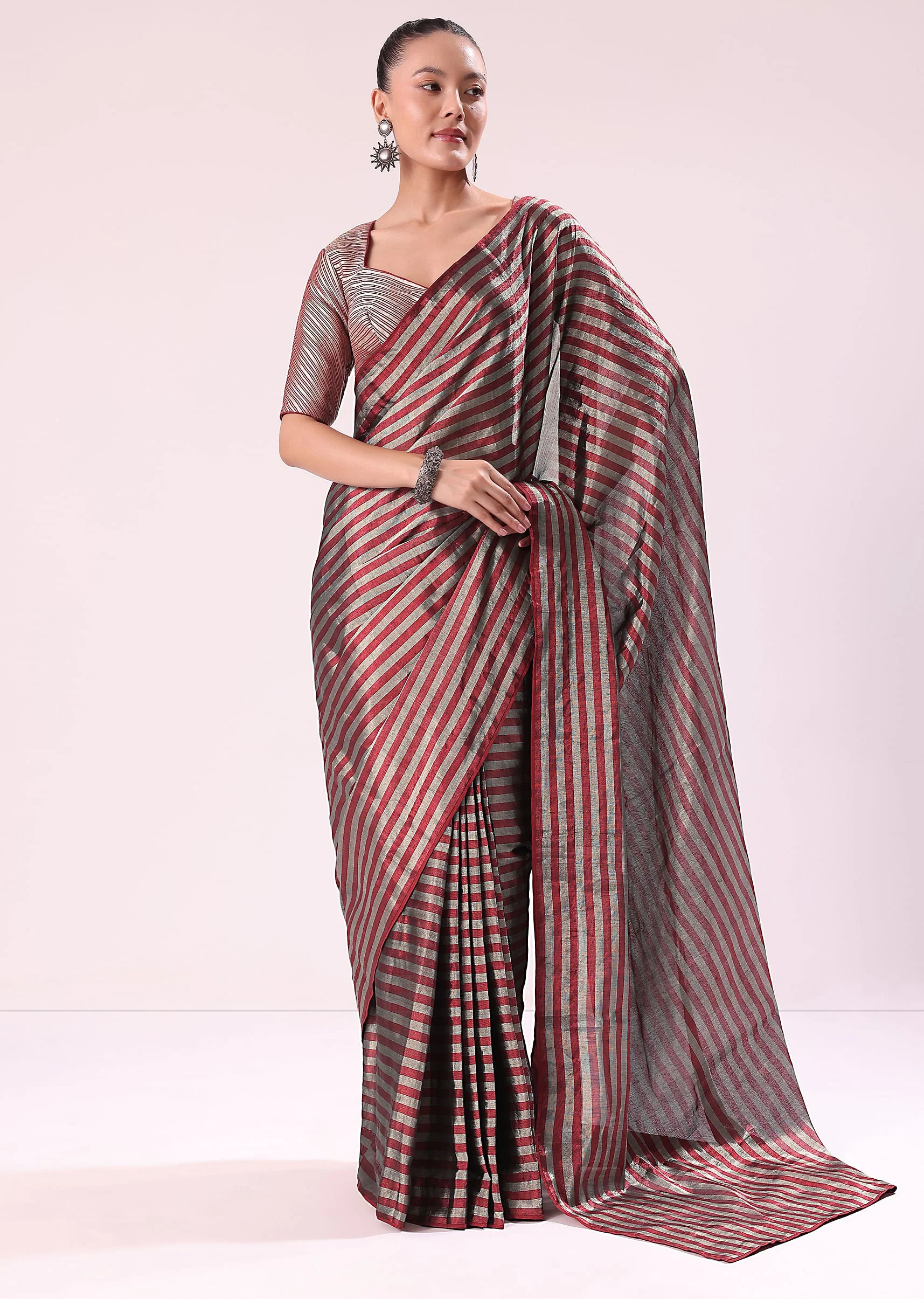 14109-red-and-silver-striped-chanderi-tissue-saree-with-pipe-finish-stitched-blouse-1.webp Red And Silver Striped Chanderi Tissue Saree With Pipe Finish Stitched Blouse