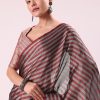 Red And Silver Striped Chanderi Tissue Saree With Pipe Finish Stitched Blouse