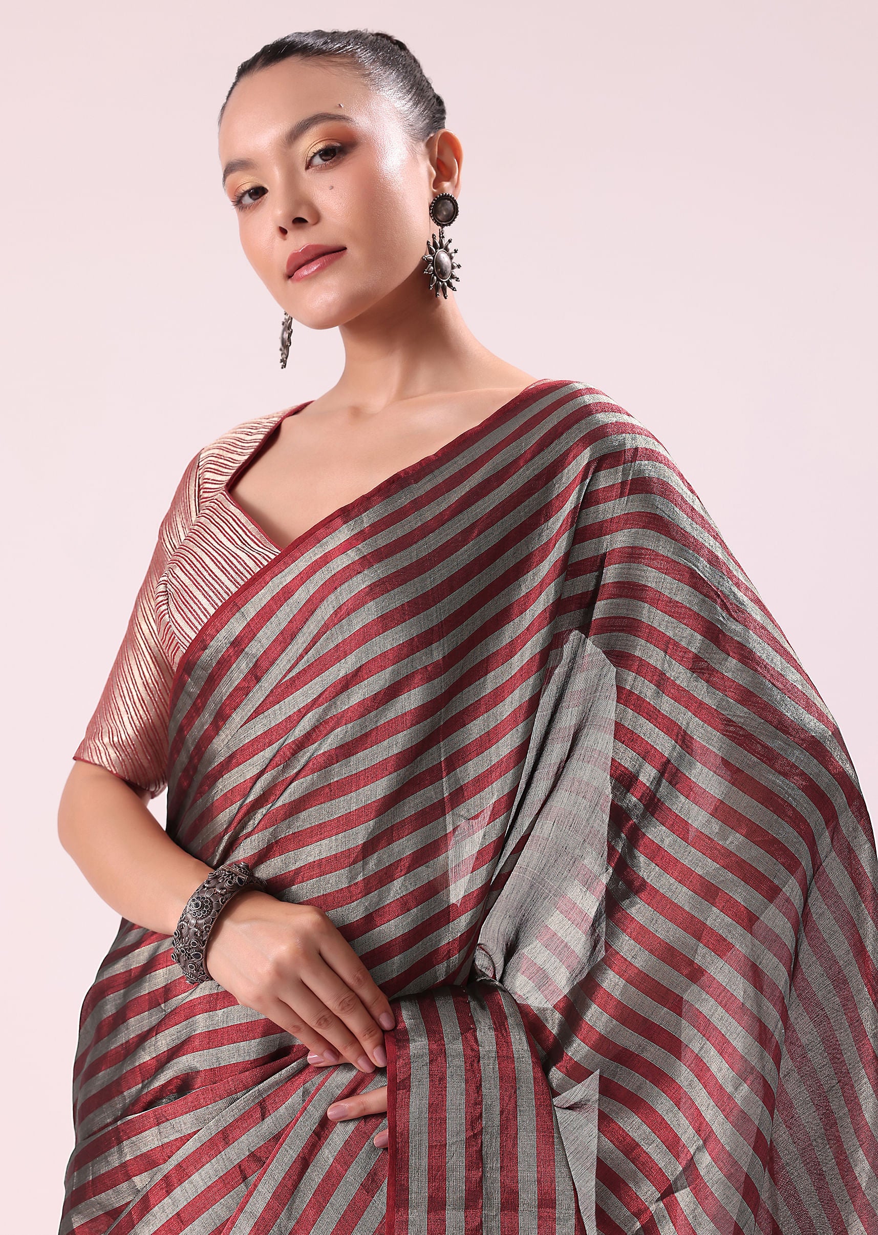 Red And Silver Striped Chanderi Tissue Saree With Pipe Finish Stitched Blouse