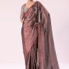 Red And Silver Striped Chanderi Tissue Saree With Pipe Finish Stitched Blouse