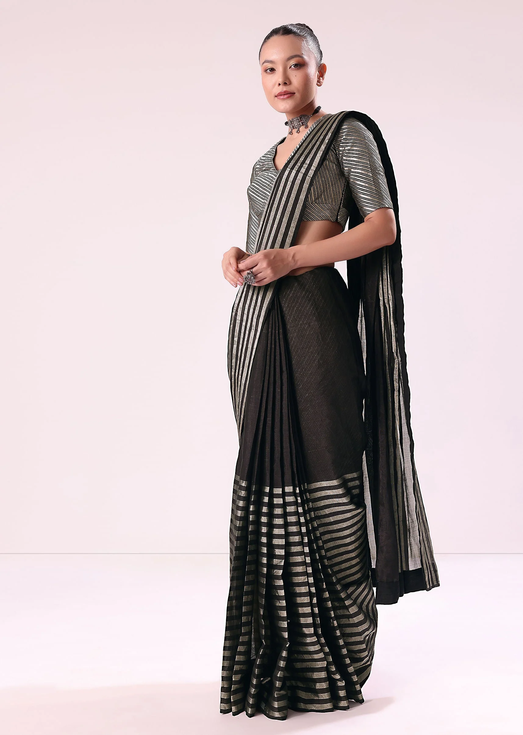 14124-black-and-silver-half-striped-chanderi-saree-and-stitched-blouse-1.webp Black And Silver Half Striped Chanderi Saree And Stitched Blouse
