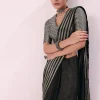 Black And Silver Half Striped Chanderi Saree And Stitched Blouse