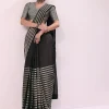 Black And Silver Half Striped Chanderi Saree And Stitched Blouse