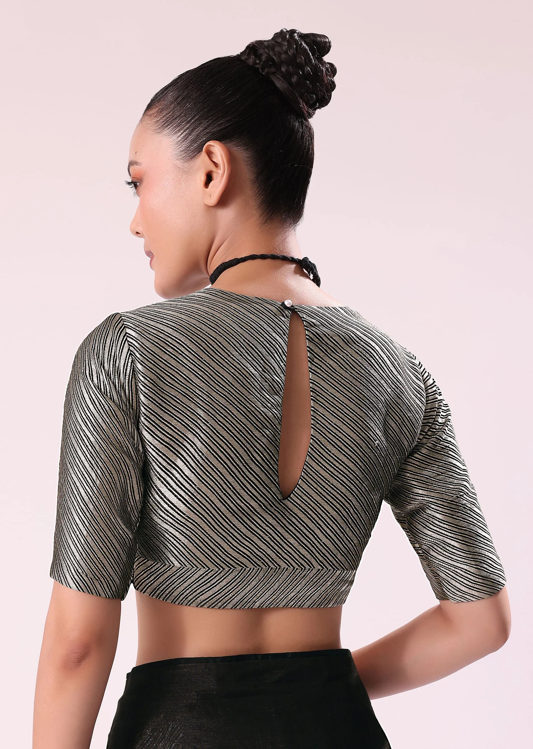 Black And Silver Half Striped Chanderi Saree And Stitched Blouse