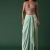 Mint Green Crepe Drape Skirt And Blouse Set With Cape