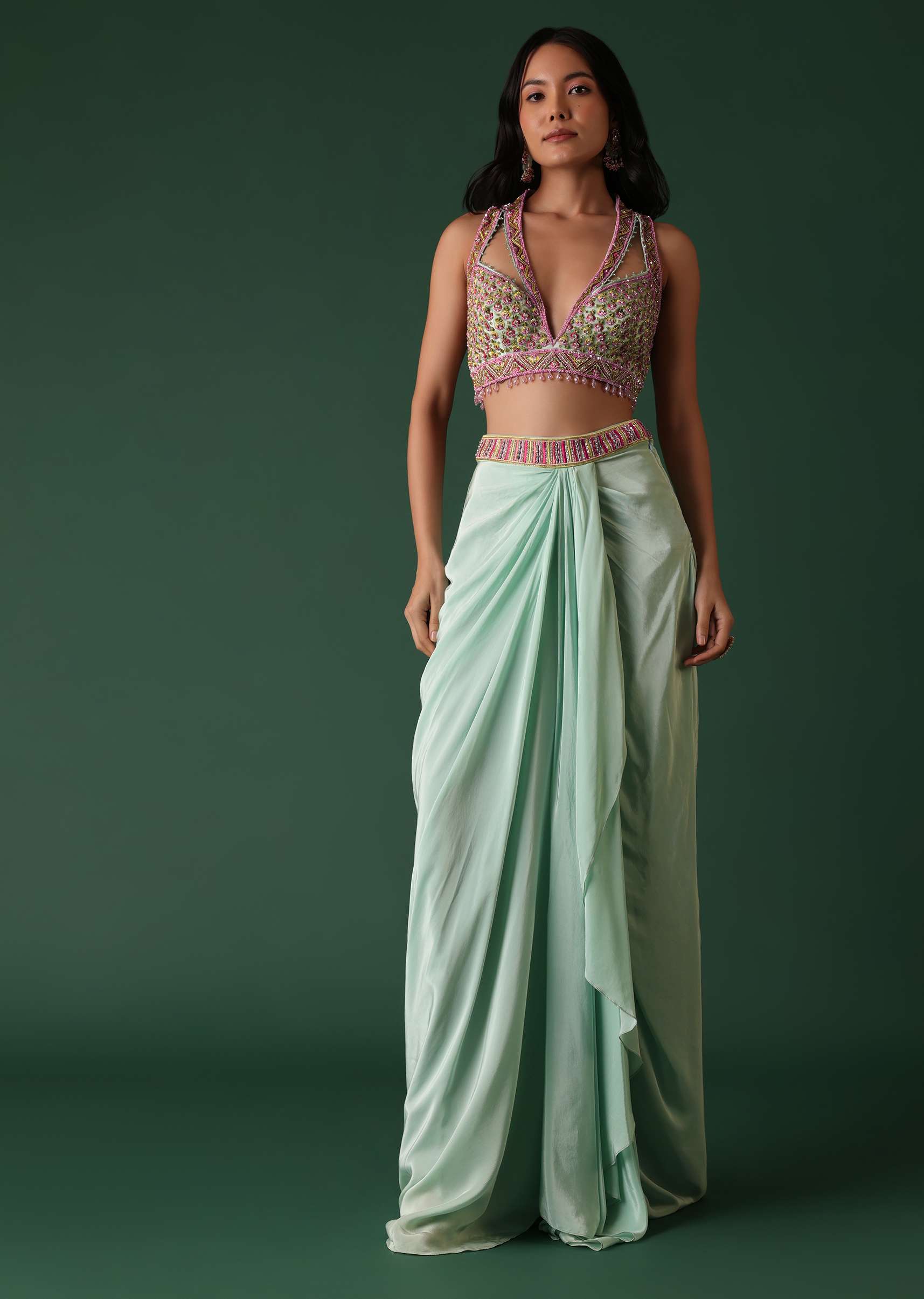 14139-mint-green-crepe-drape-skirt-and-blouse-set-with-cape-1.jpg Mint Green Crepe Drape Skirt And Blouse Set With Cape