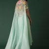 Mint Green Crepe Drape Skirt And Blouse Set With Cape