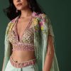 Mint Green Crepe Drape Skirt And Blouse Set With Cape