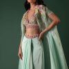 Mint Green Crepe Drape Skirt And Blouse Set With Cape