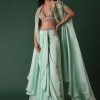 Mint Green Crepe Drape Skirt And Blouse Set With Cape